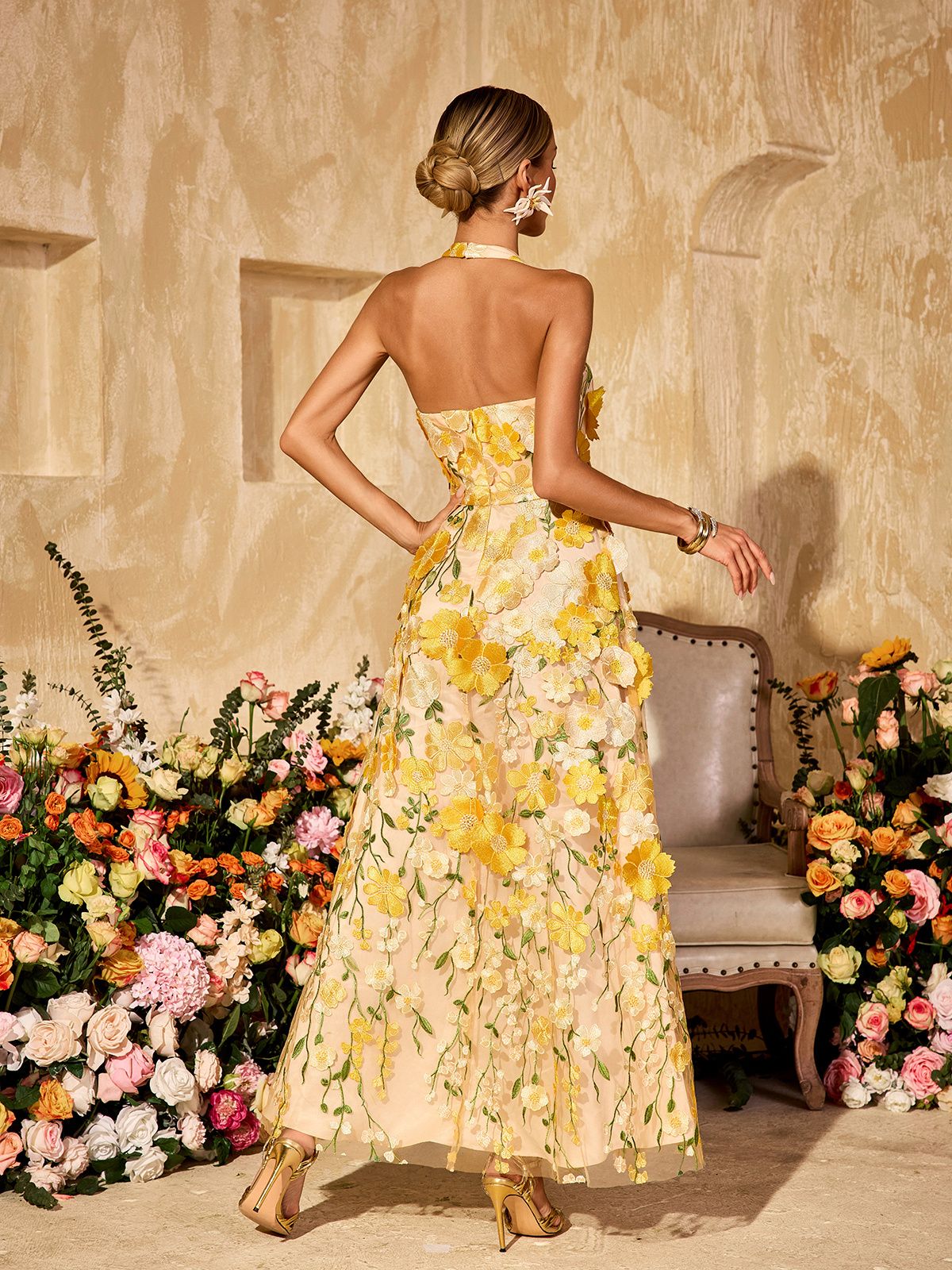 Alirio Halterneck Embroidered Flower Maxi Dress