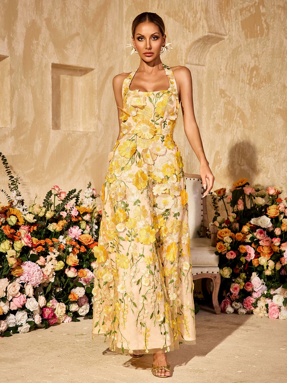 Alirio Halterneck Embroidered Flower Maxi Dress