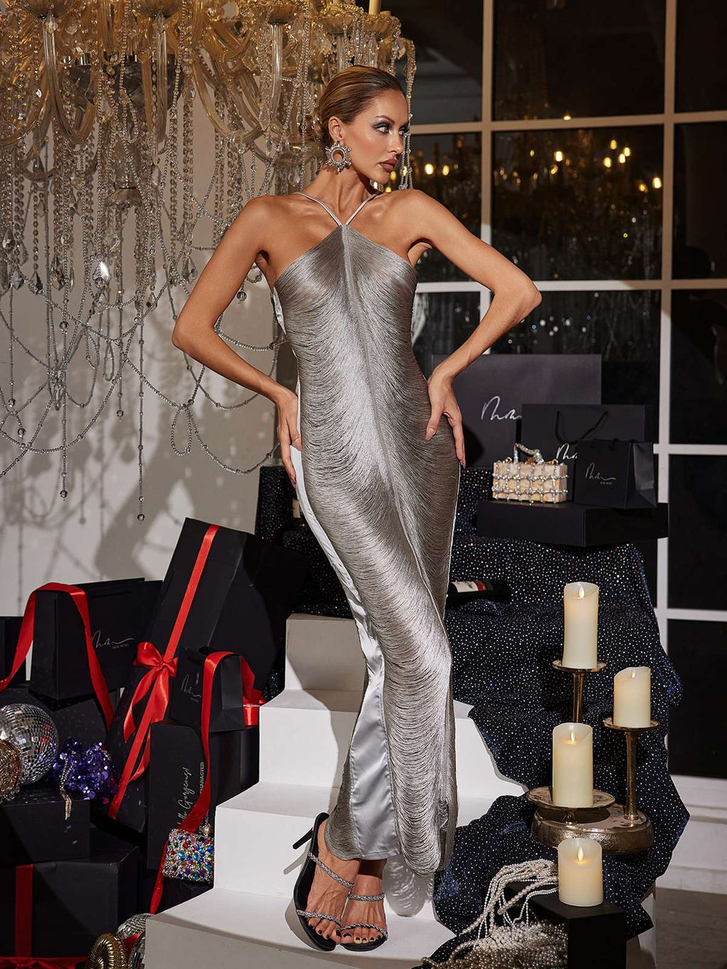 Bluma Halterneck Fringe Maxi Dress In Grey