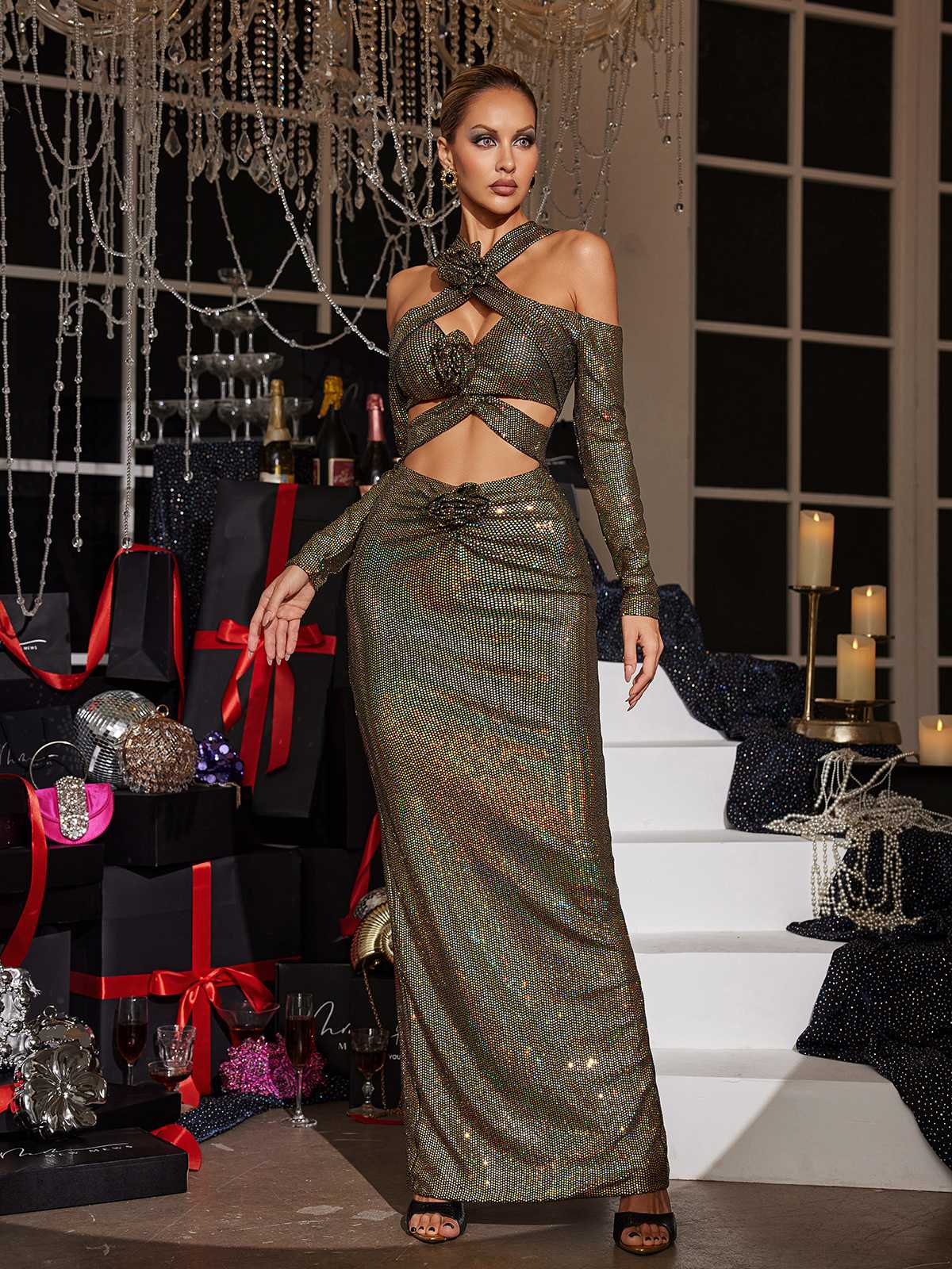 Lowen Flower Cutout Sequin Maxi Dress In Olive