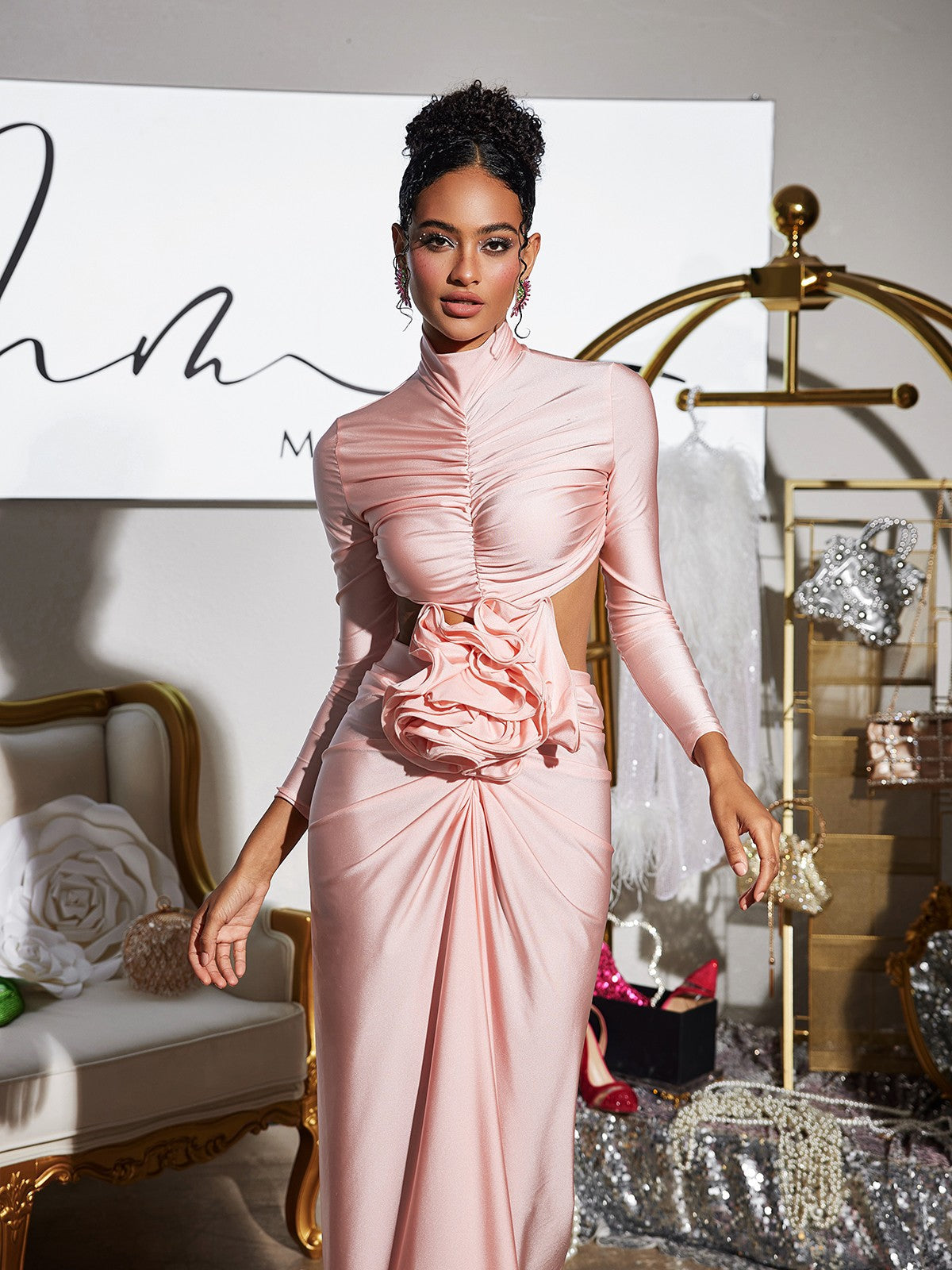 Renwick Long Sleeve Flower Cutout Maxi Dress In Pink